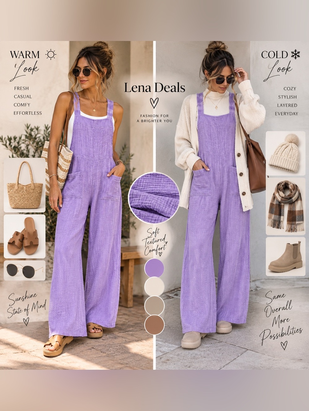 Zenana Wide-Leg Sky Cotton Double Gauze Overalls - Womens Jumpsuit different Szs